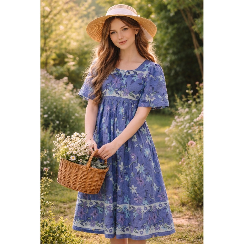 Vintage Fundamentals Floral‎ Midi Praire Dress L Blue Cotton Flowy Cottagecore